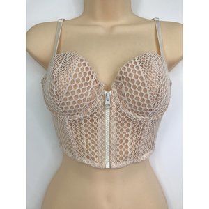 Victoria's Secret Very Sexy Demi Long Line Mesh Front Zip Bra Nude Beige 34C